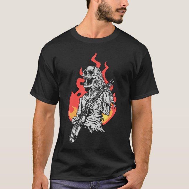 Skeleton spelar elektrisk Guitar Flames Rock musik T Shirt (Framsida)