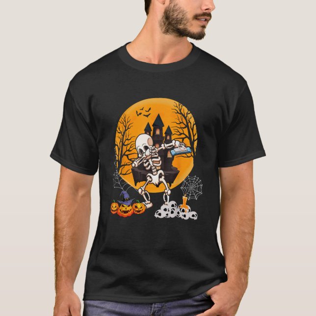 Skeleton spelar Harmonica Halloween Döskallars Car T Shirt (Framsida)