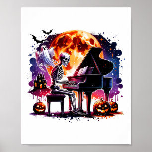 Skeleton spelar piano med Ghost Creepy Halloween Poster