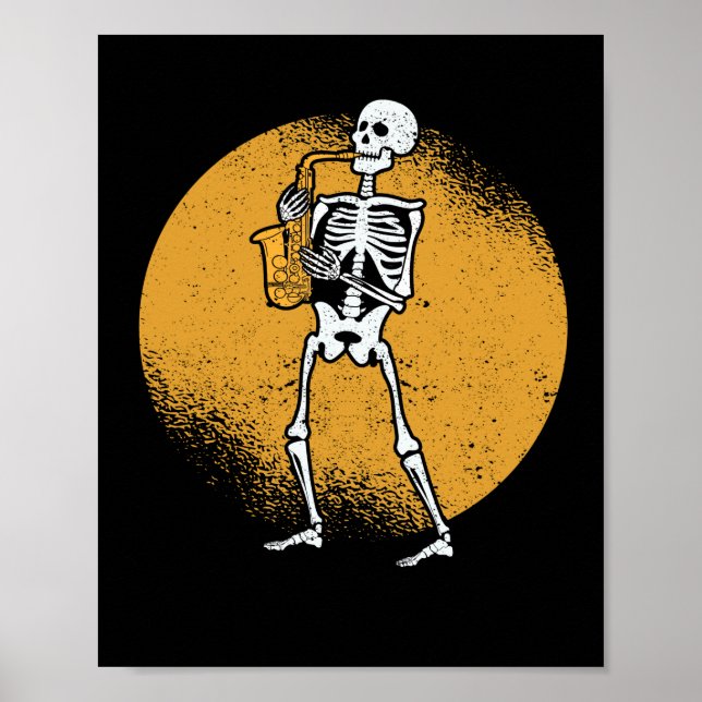 Skeleton spelar saxophone jazz halloween-musik poster (Framsidan)