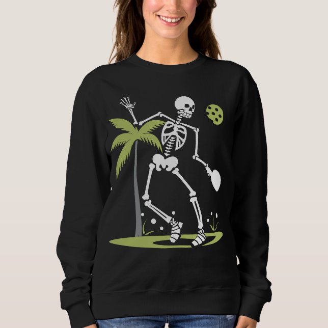 Skeleton spelar upp Pickleball Handflatan Lövs Fun T Shirt (Framsida)
