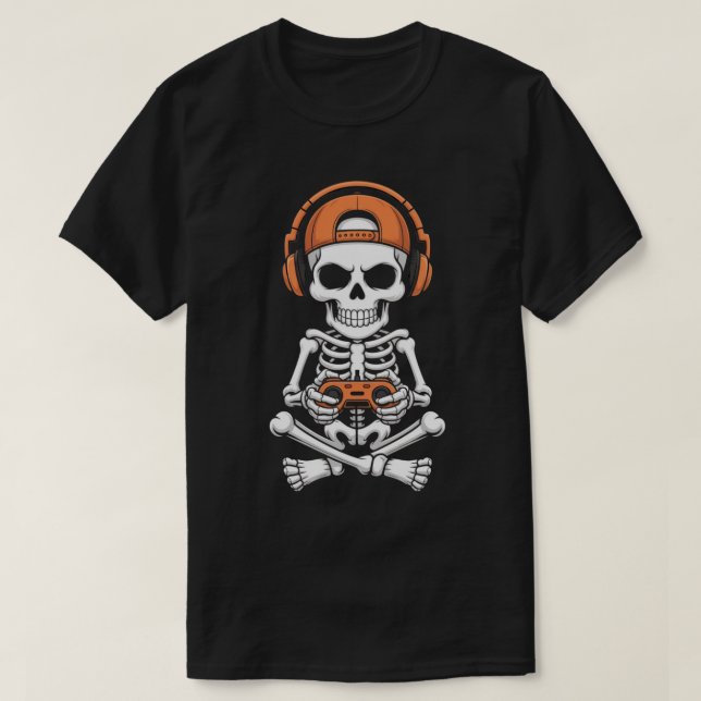 Skeleton-spelaren för coola med headset och styren t shirt (Design framsida)