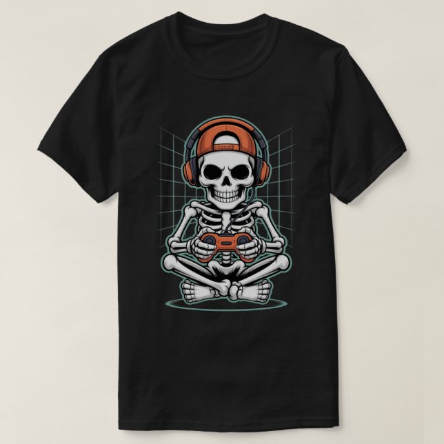 Skeleton-spelaren för coola med headset och styren t shirt (Design framsida)