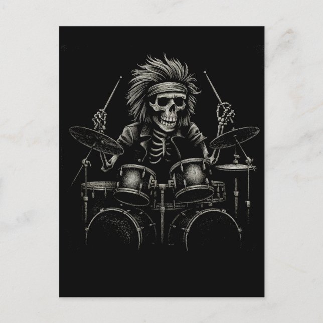 Skeleton Sten Drummer - Spooky Halloween Music Vykort (Framsida)