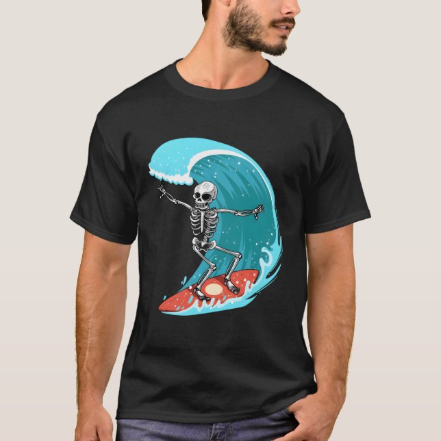 Skeleton Surfer Halloween Funny Wave Surfing Surfa T Shirt (Framsida)