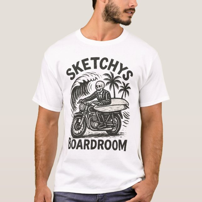 Skeleton Surfer on Motorbike – Grunge Surf Art Tee (Framsida)