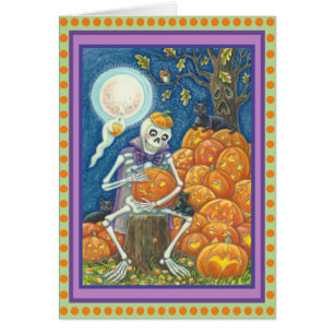 SKELETON, SVARTA KATTER CARVPUMPKIN GREETING CARD HÄLSNINGSKORT