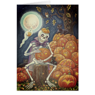 SKELETON, SVARTA KATTER CARVPUMPKIN GREETING CARD OBS KORT