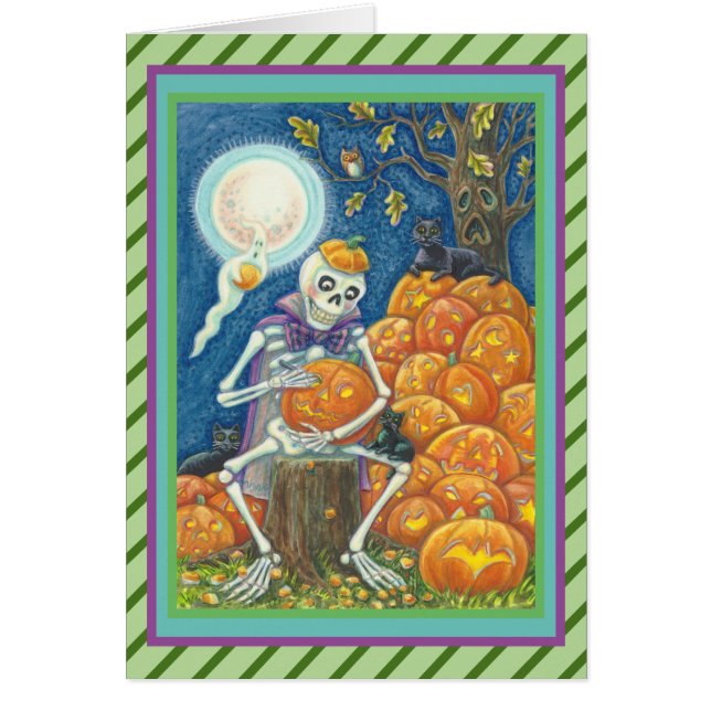 SKELETON, SVARTA KATTER CARVPUMPKIN GREETING CARD OBS KORT (Framsidan)