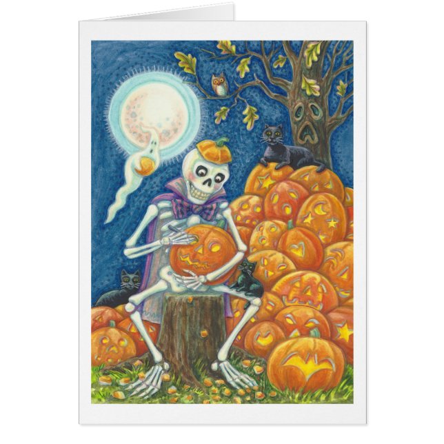 SKELETON, SVARTA KATTER CARVPUMPKIN GREETING CARD OBS KORT (Framsidan)