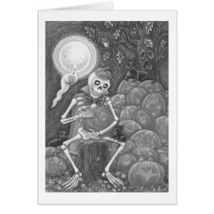 SKELETON, SVARTA KATTER CARVPUMPKIN GREETING CARD OBS KORT