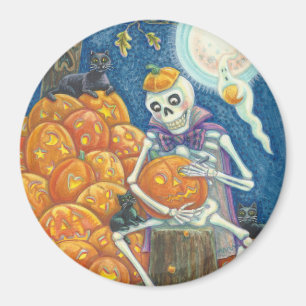 SKELETON, SVARTA KATTER CARVPUMPKINS MAGNET Round