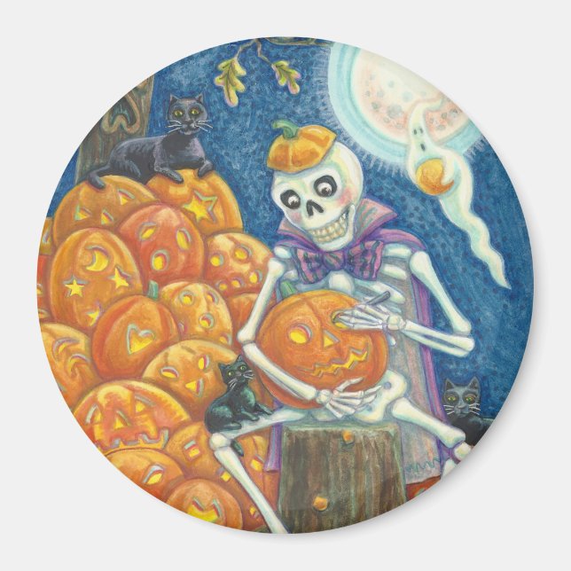 SKELETON, SVARTA KATTER CARVPUMPKINS MAGNET Round (Framsidan)