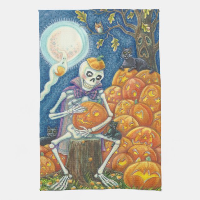 SKELETON, SVARTA KATTER CARVY JACKS KITCHEN TOWEL KÖKSHANDDUK (Vertikal)