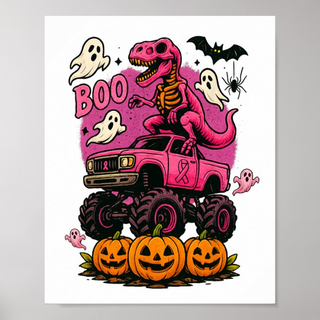 Skeleton T Rex Dinosaur Monster Lastbil Pumpkin Br Poster (Framsidan)