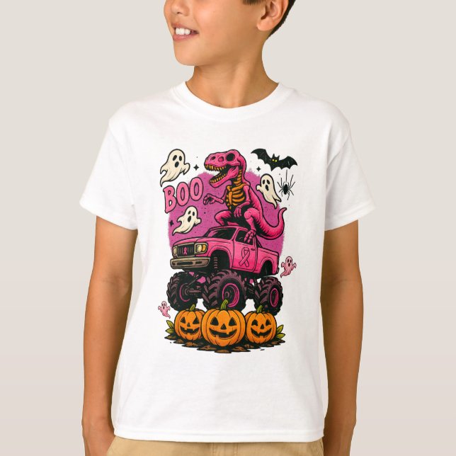 Skeleton T Rex Dinosaur Monster Lastbil Pumpkin Br Shirt (Framsida)