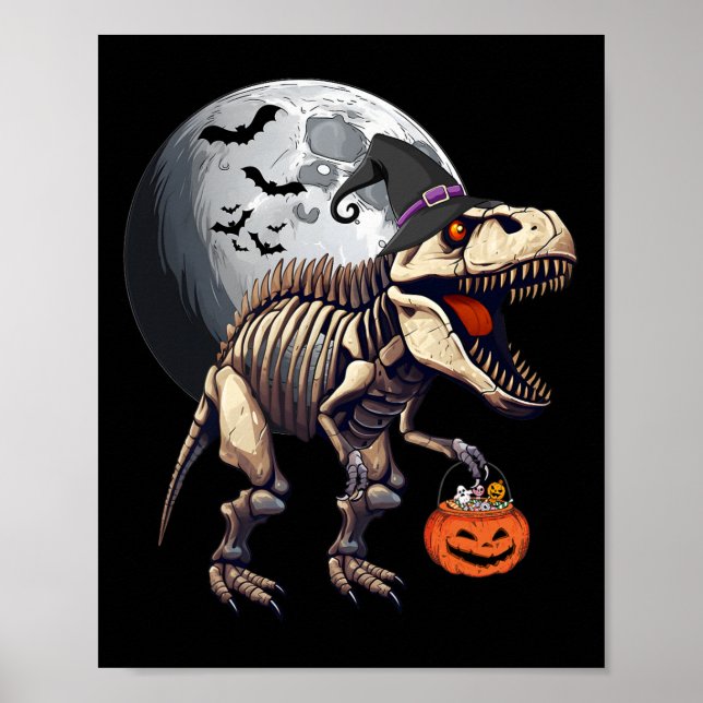 Skeleton T Rex Dinosaur Roligt Halloween Pumpkin B Poster (Framsidan)