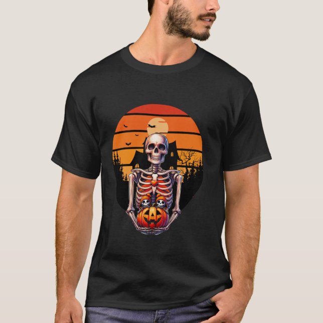 Skeleton Twin Gravid Announcement Funny Hallowed T Shirt (Framsida)