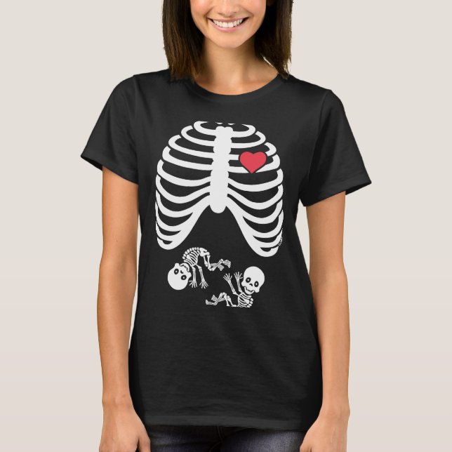Skeleton Twin Gravid Halloween T Shirt (Framsida)