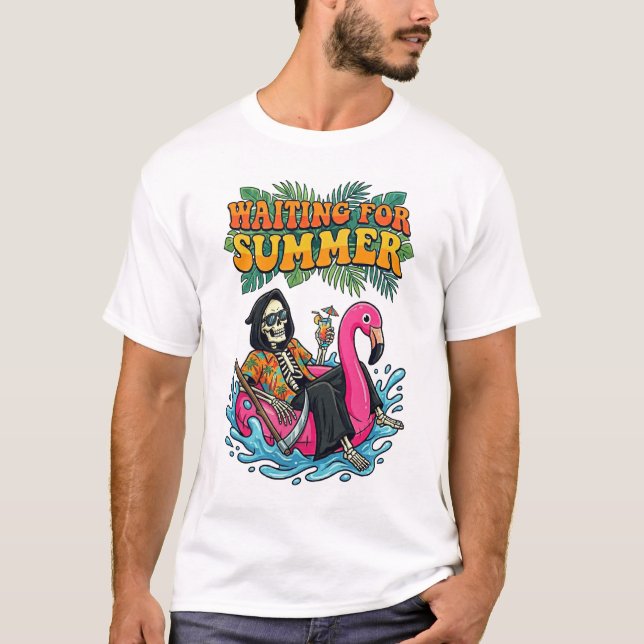 Skeleton Vacation Summer Flamingo Scythe Art T Shirt (Framsida)