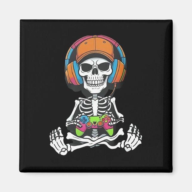 Skeleton Video Game Halloween Gaming Gamer Boys Me Magnet (Framsidan)