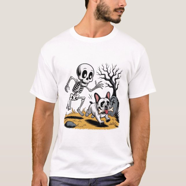Skeleton vs French Bulldog – Funny Halloween Chase T Shirt (Framsida)