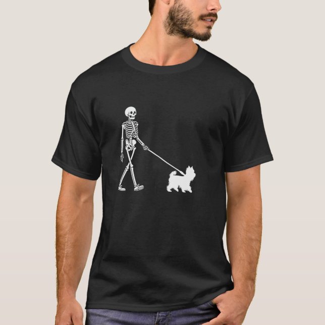 Skeleton Walking a Hund Yorkshire Terrier Hallowee T Shirt (Framsida)