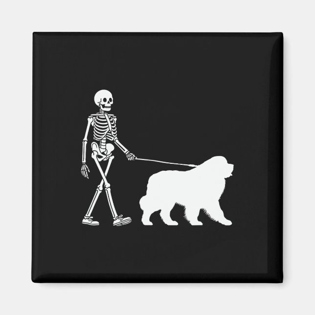 Skeleton Walking A Newfoundland Hund Halloween Out Magnet (Framsidan)
