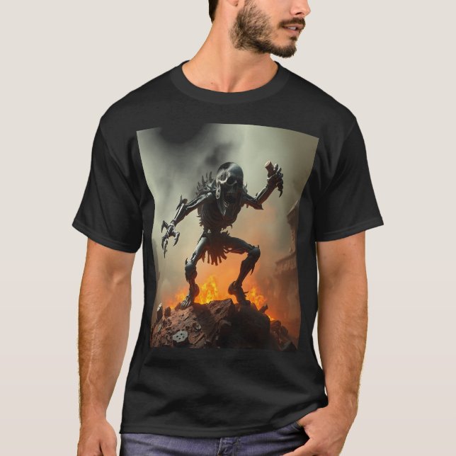 Skeleton Warrior in a Burning Battlefield T Shirt (Framsida)