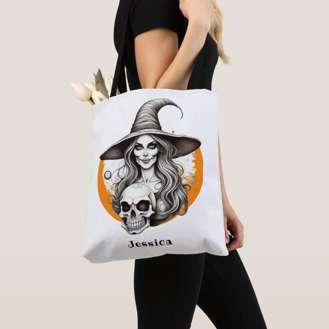 Skeleton Witch Halloween Realistic Art Tygkasse (Närbild)
