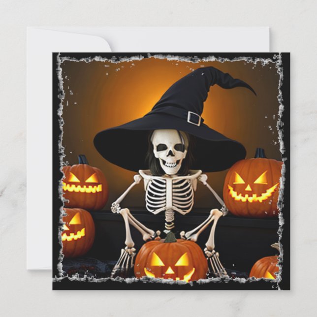 Skeleton Witch's Hat and Jack-O-Lanternor Hallowee Inbjudningar (Framsida)