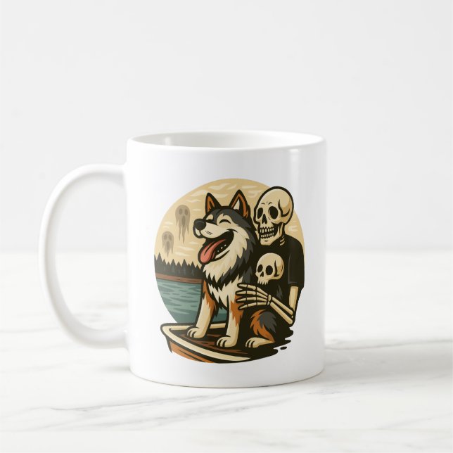 Skeleton with Dog on Haunted Lake Horror Art Kaffemugg (Vänster)