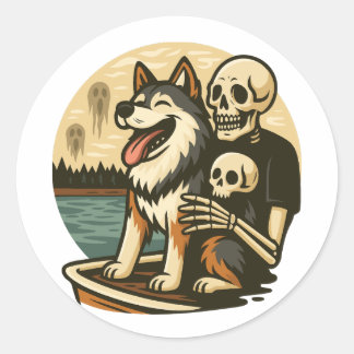 Skeleton with Dog on Haunted Lake Horror Art Runt Klistermärke