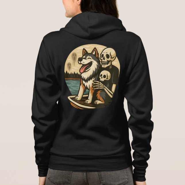 Skeleton with Dog on Haunted Lake Horror Art T Shirt (Baksida)