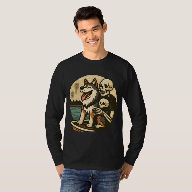 Skeleton with Dog on Haunted Lake Horror Art T Shirt (Hel framsida)