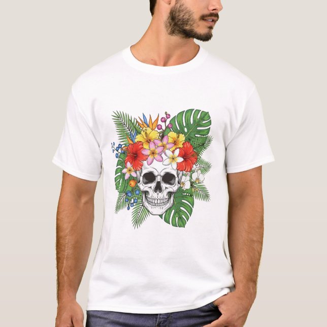 Skeleton with Leaves and Flowers T-Shirt – Gothic  (Framsida)