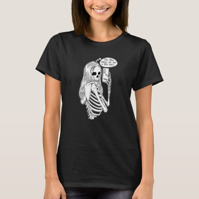 Skeleton Woman with Cell Phone Taking Selfie Skull T Shirt (Framsida)