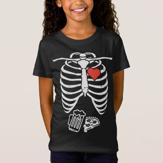 Skeleton X-Ray Pizza Beer Funny Halloween-gravidit T Shirt (Framsida)