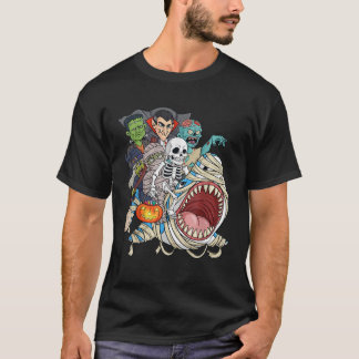 Skeleton Zombie Riding Mummy Shark Vampire Hallowe T Shirt