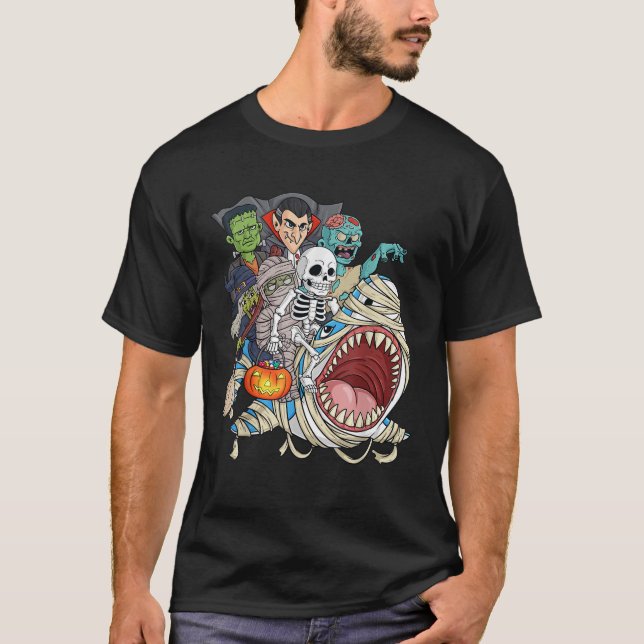Skeleton Zombie Riding Mummy Shark Vampire Hallowe T Shirt (Framsida)