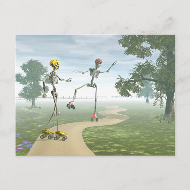 Skeletoner på rullskridskor vykort (Framsida)