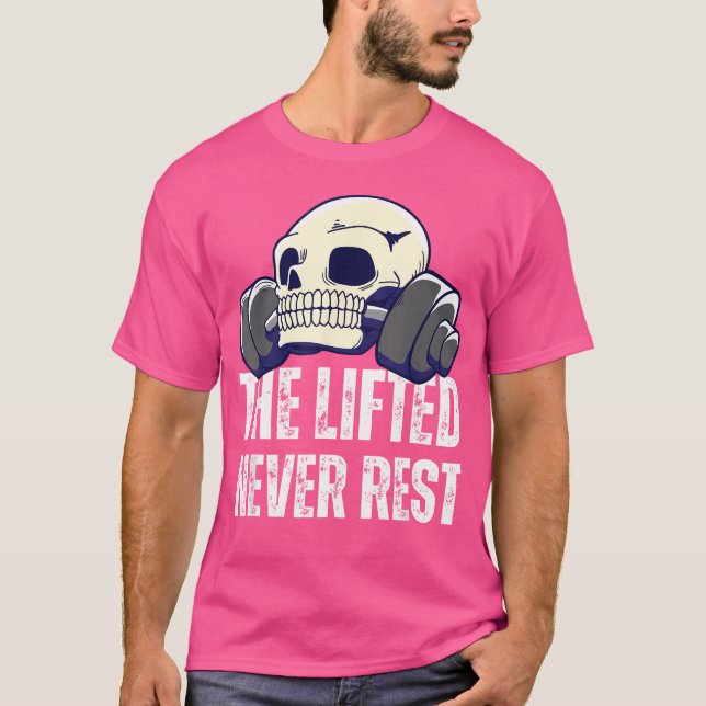 Skeletonhuvud med streck, häftat, får aldrig vila  t shirt (Framsida)