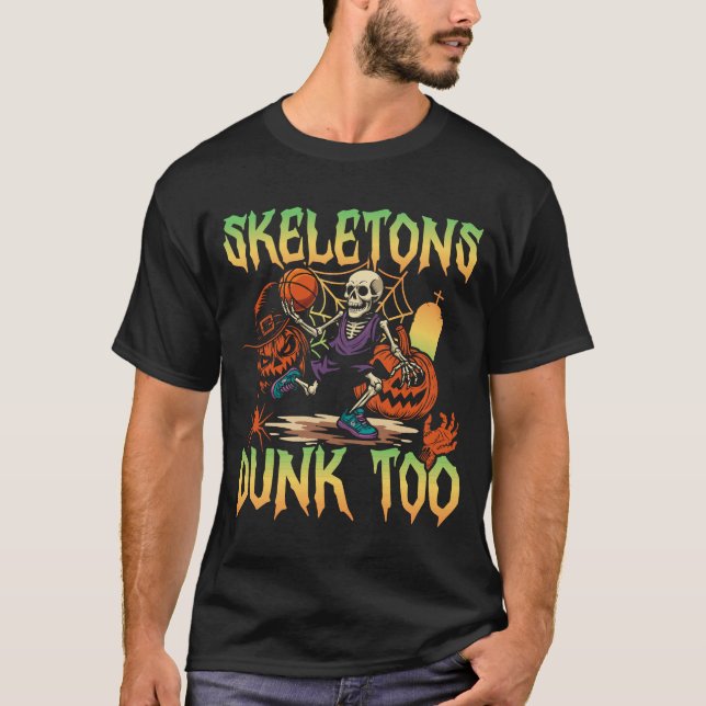 Skeletons Dunkar Också Sport Halloween T Shirt (Framsida)