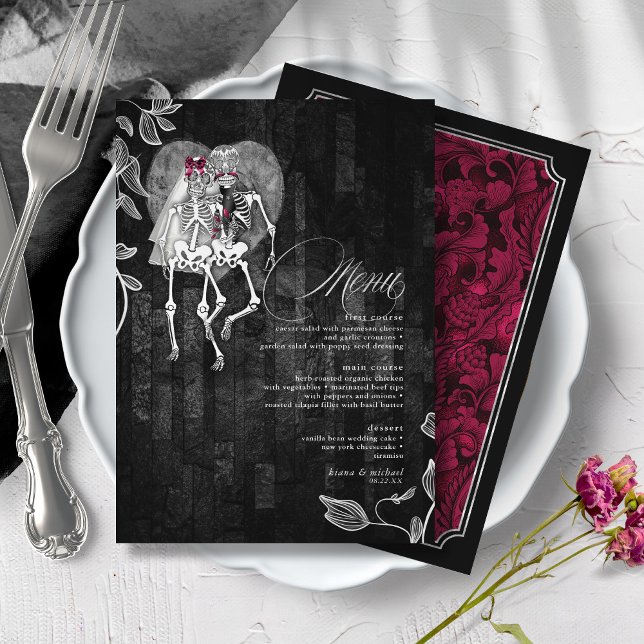 Skeletons Gothic Bröllop Burgundy ID866 Meny (Skapare uppladdad)