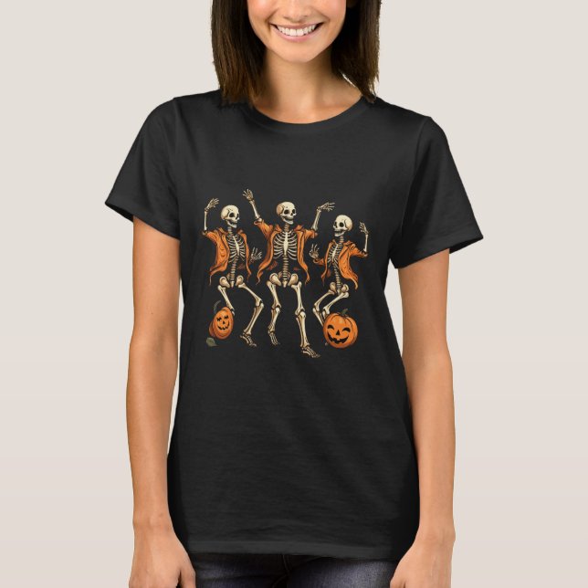Skeletons Pumpkin Halloween T Shirt (Framsida)