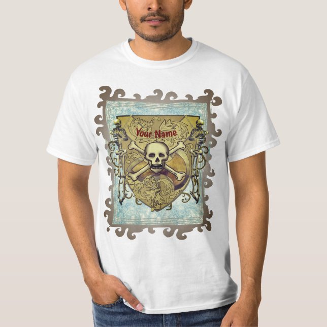 Skeletons Skull Shield T Shirt (Framsida)