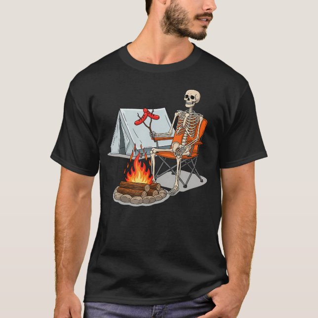Skelett Camping Halloween Läggereld För T Shirt (Framsida)