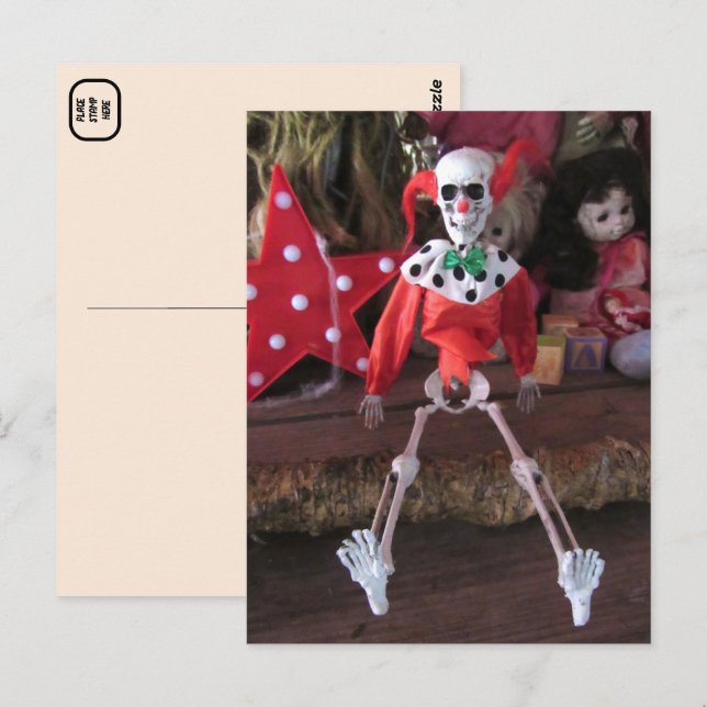 Skelett Clown Docka Halloween  Vykort (Fram/baksida)