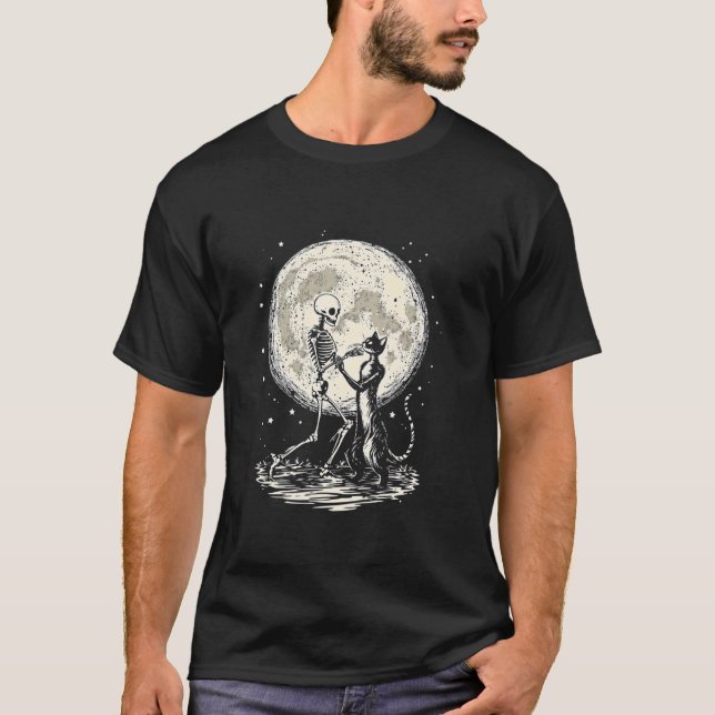 Skelett Dansande Katt Måne T Shirt (Framsida)