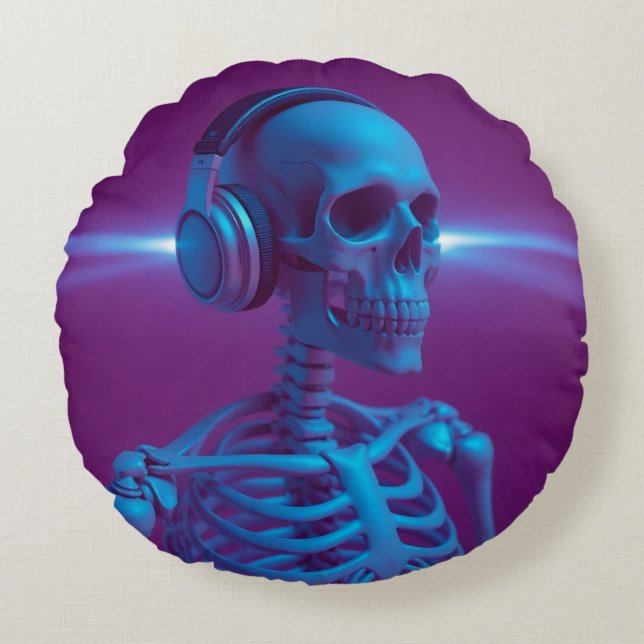 Skelett där musik aldrig dör rund kudde (Framsidan)